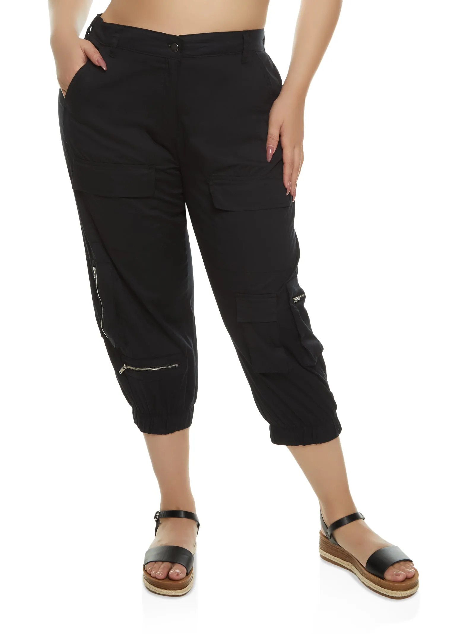 Plus Size Zipper Detail Cargo Pocket Capri Pants sold by Rainbow