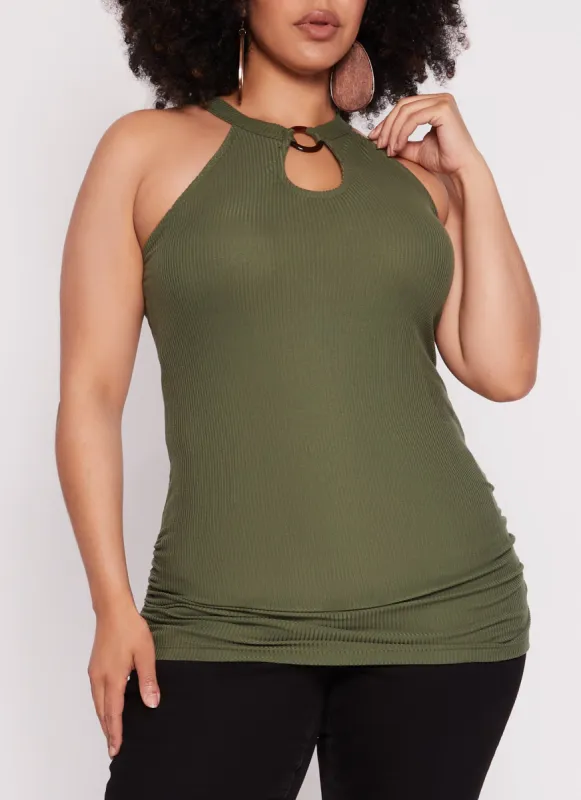 Plus Size O Ring Keyhole Ruched Tank Top sold by Rainbow