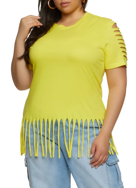 Plus Size Laser Cut Fringe Hem Tee sold by Rainbow