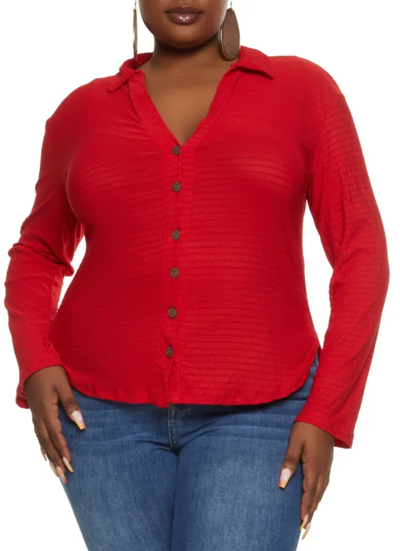 Plus Size Smocked Button Front Long Sleeve Shirt sold by Rainbow