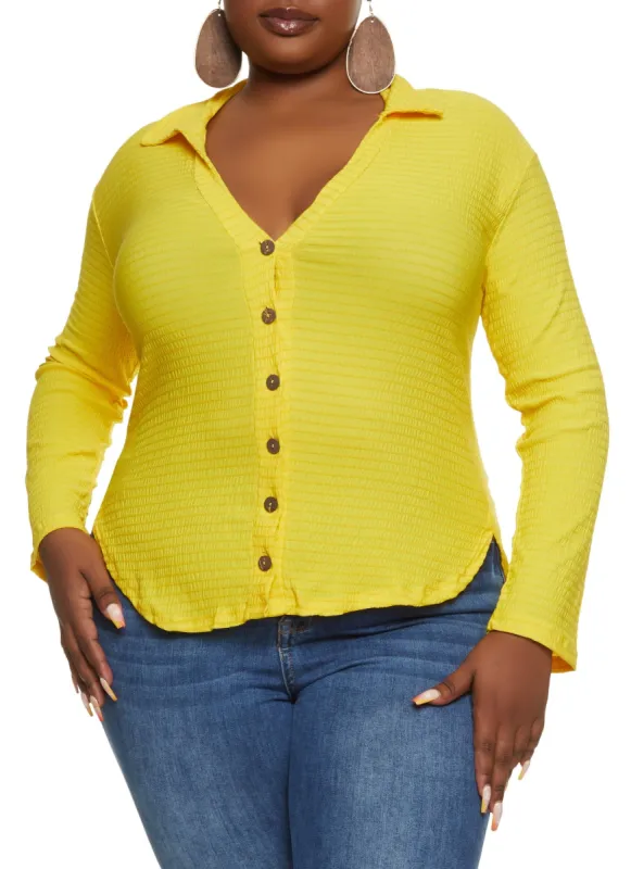 Plus Size Smocked Button Front Long Sleeve Shirt sold by Rainbow
