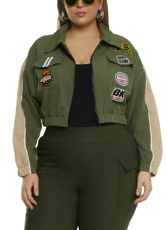 Plus Size Good Vibes Patch Graphic Cropped Windbreaker sold by Rainbow