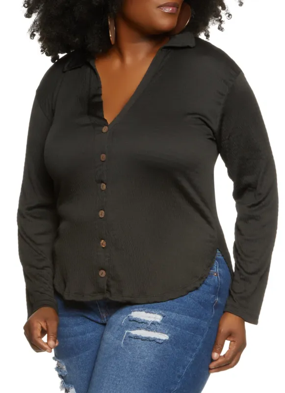 Plus Size Smocked Button Front Long Sleeve Shirt sold by Rainbow