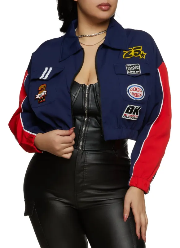 Plus Size Good Vibes Patch Graphic Cropped Windbreaker sold by Rainbow