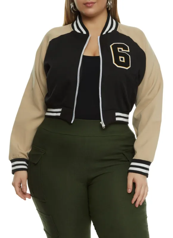 Plus Size Color Block Graphic Patch Cropped Varsity Jacket sold by Rainbow
