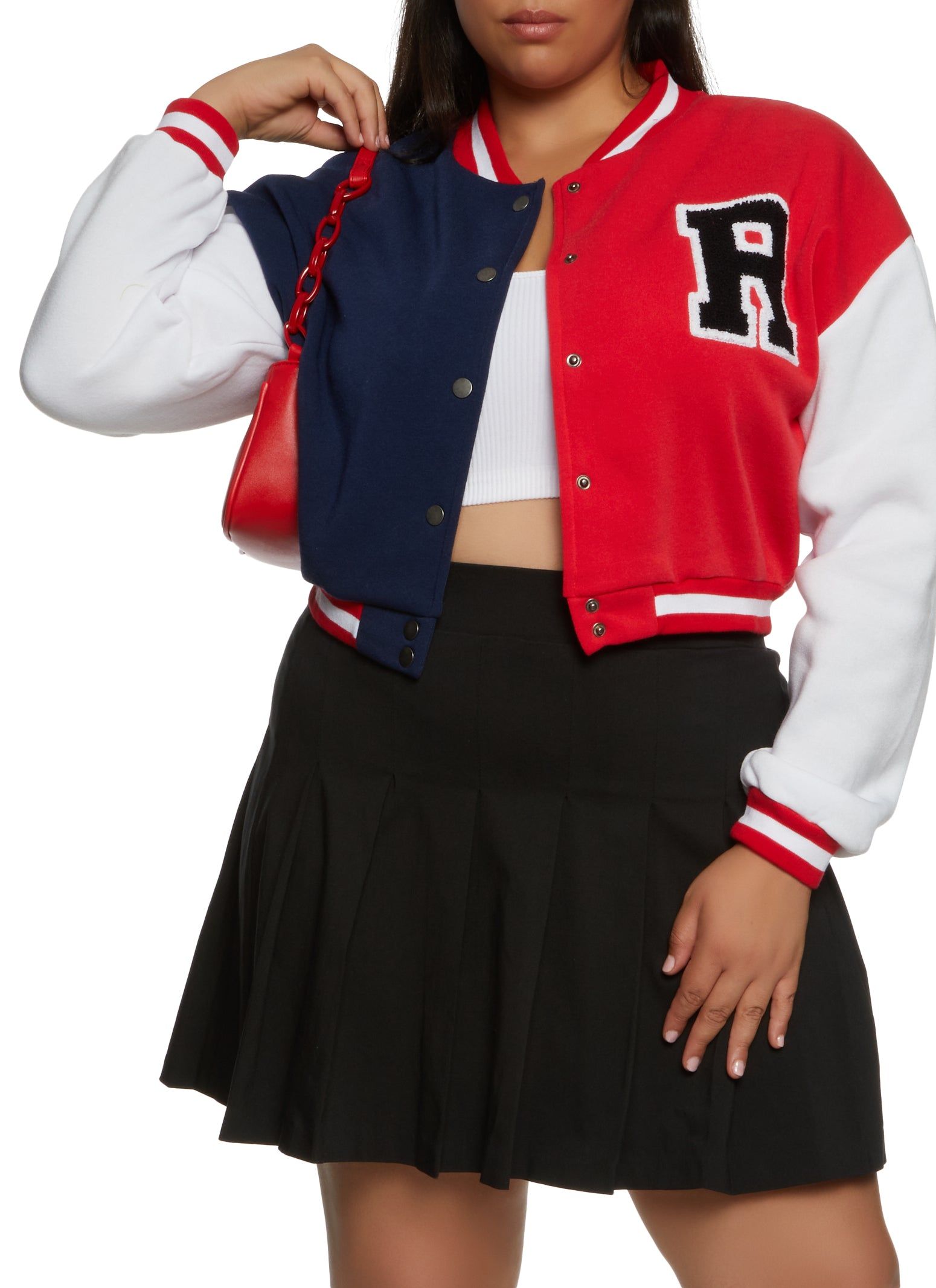 Plus Size Color Blocked Cropped Letterman Jacket sold by Rainbow