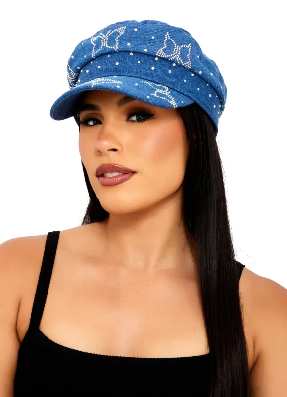 Butterfly Rhinestone Denim Cabbie Hat sold by Rainbow