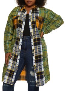 Plus Size Color Block Plaid Long Flannel Shirt sold by Rainbow