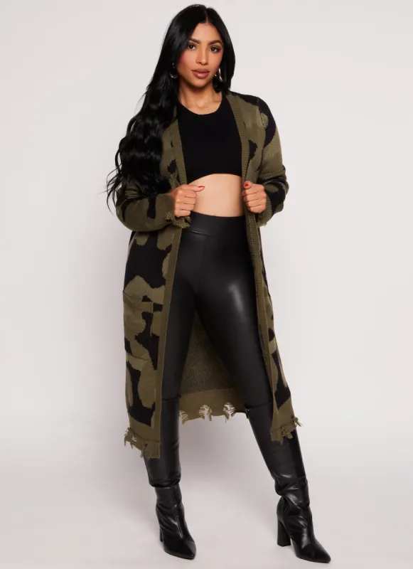 Camo Distressed Long Cardigan sold by Rainbow