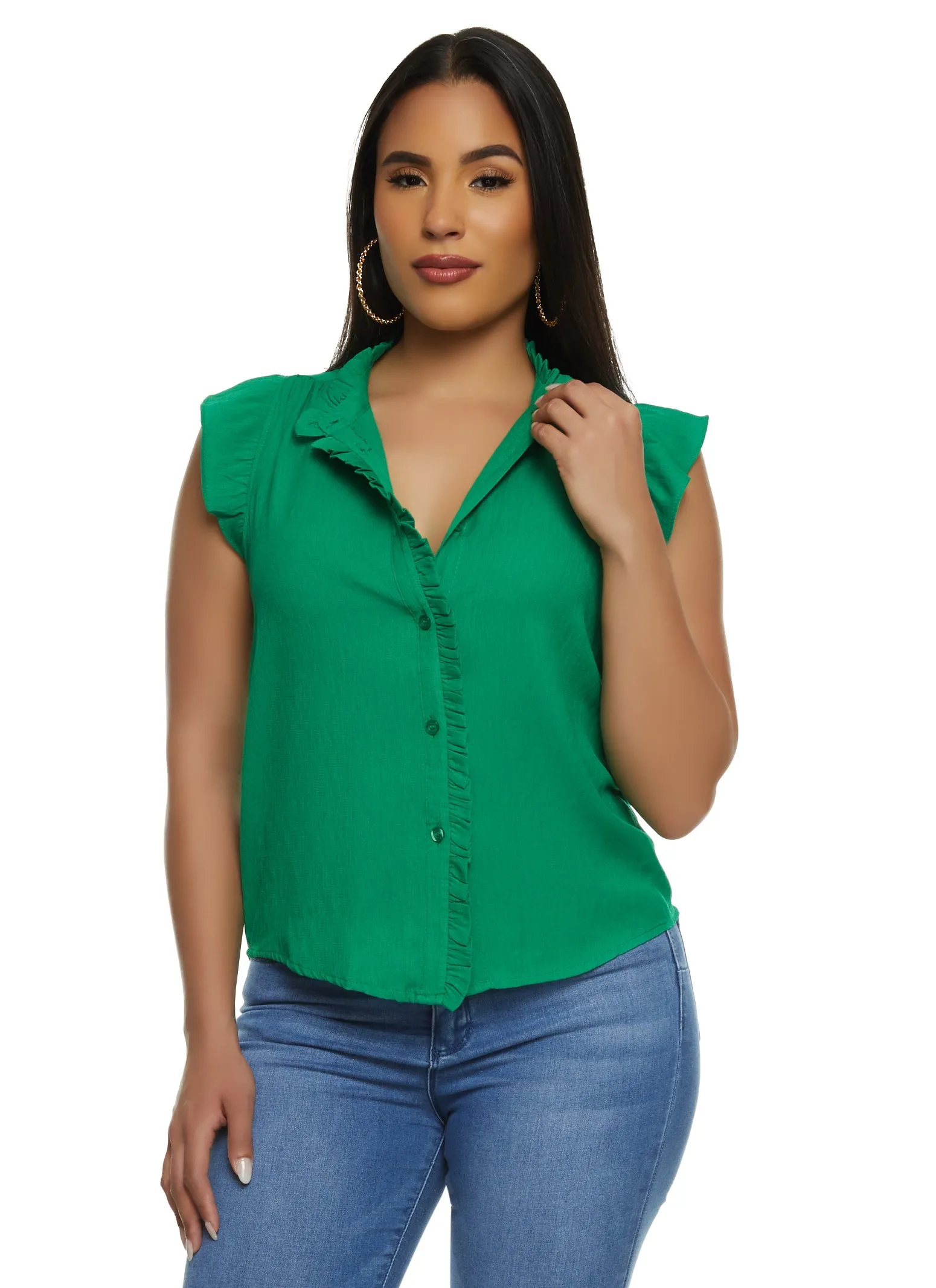 Gauze Knit Pleated Trim Button Front Shirt sold by Rainbow