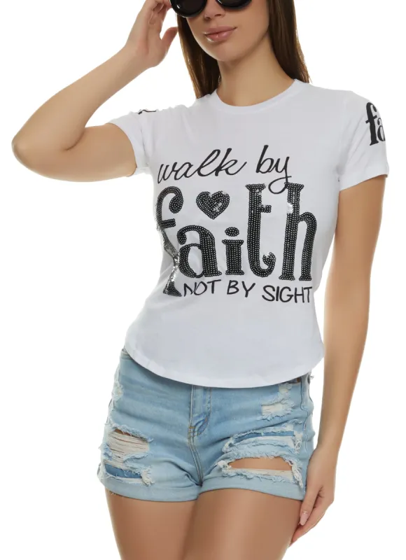 Walk By Faith Sequin Graphic T Shirt sold by Rainbow