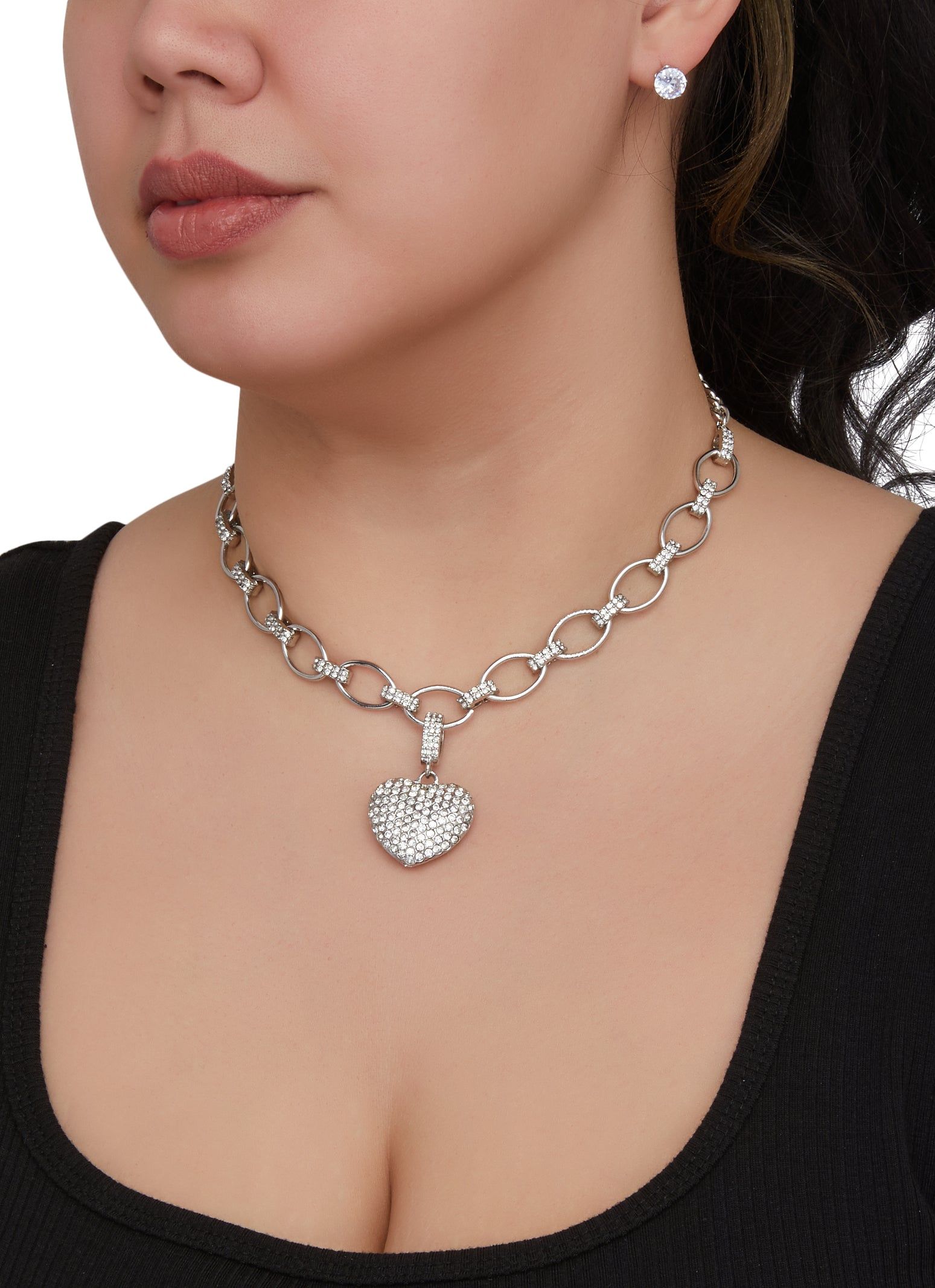 Rhinestone Heart Necklace and Cubic Zirconia Stud Earrings sold by Rainbow