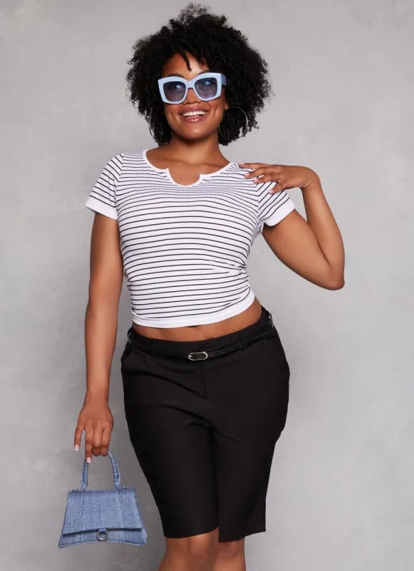 Plus Size Seamless Striped Notch Neck Tee sold by Rainbow