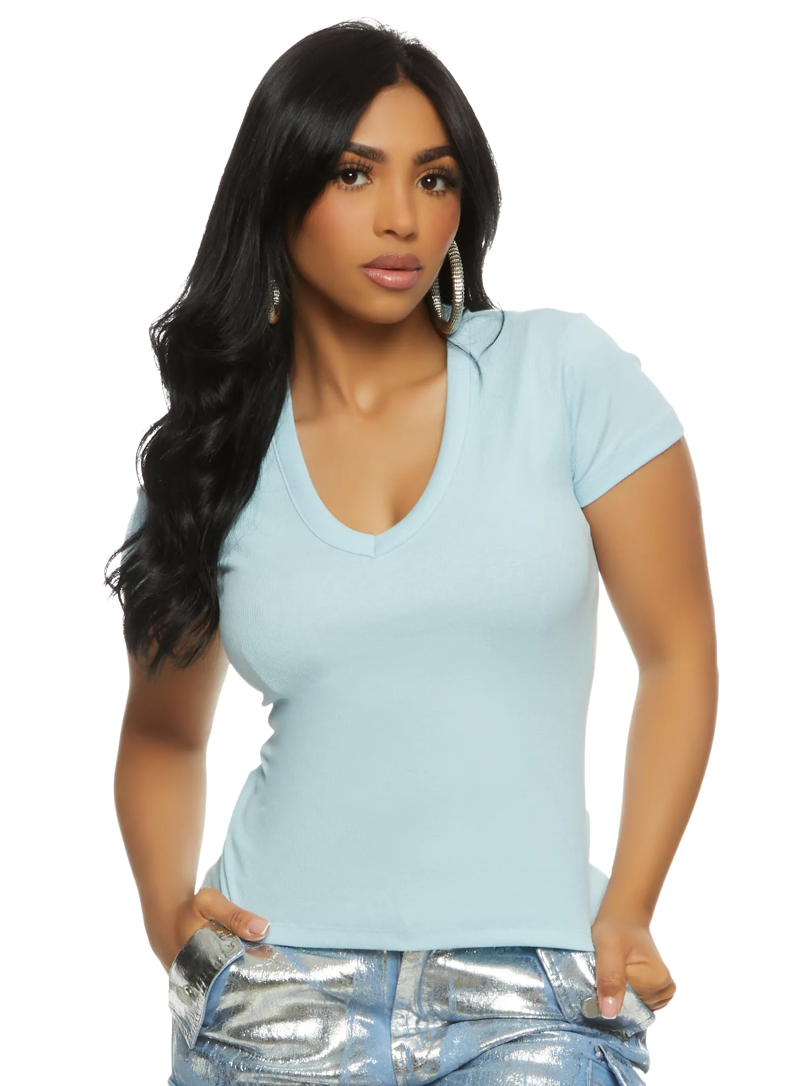Basic Ribbed V Neck Short Sleeve Tee sold by Rainbow