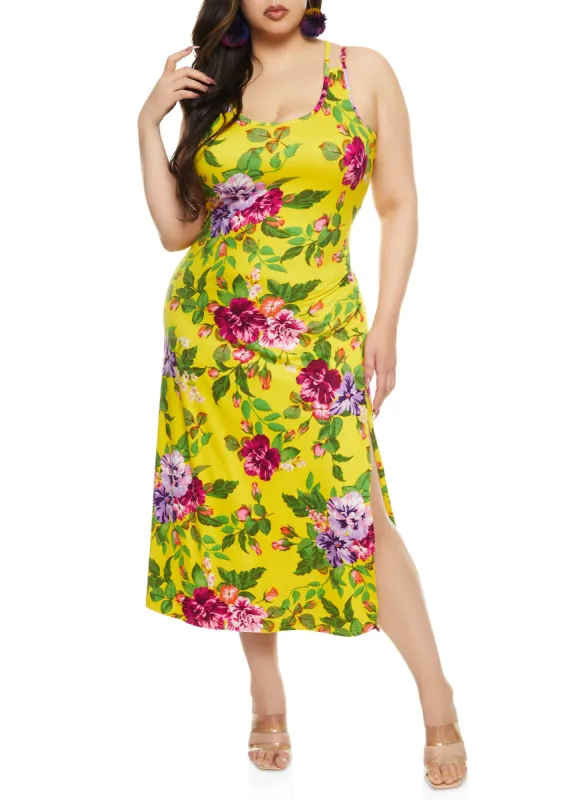 Plus Size Floral Print Side Slit Tank Maxi Dress sold by Rainbow