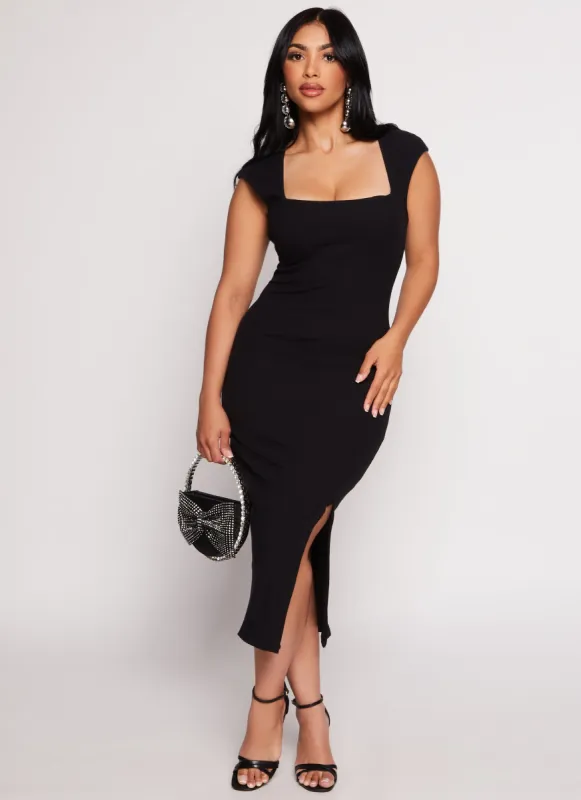 Cap Sleeve Square Neck Side Slit Dress sold by Rainbow