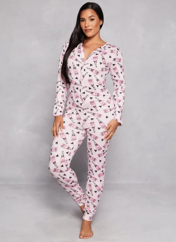 Champagne Print Button Front Onesie Pajamas sold by Rainbow