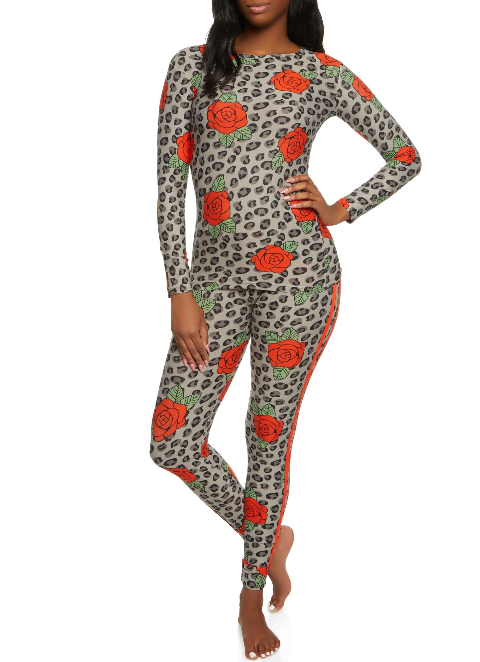 Leopard Floral Print Long Sleeve Pajama Top and Pants sold by Rainbow