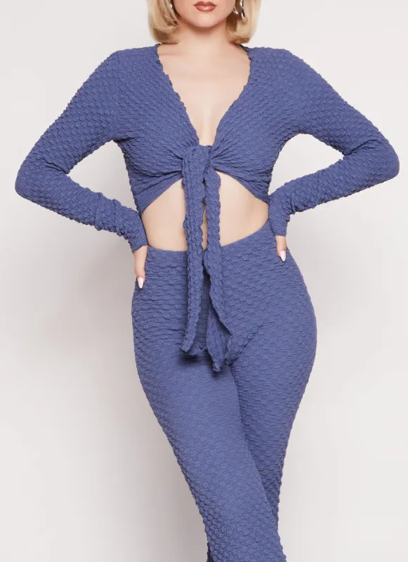 Textured Knit Long Sleeve Tie Front Crop Top sold by Rainbow