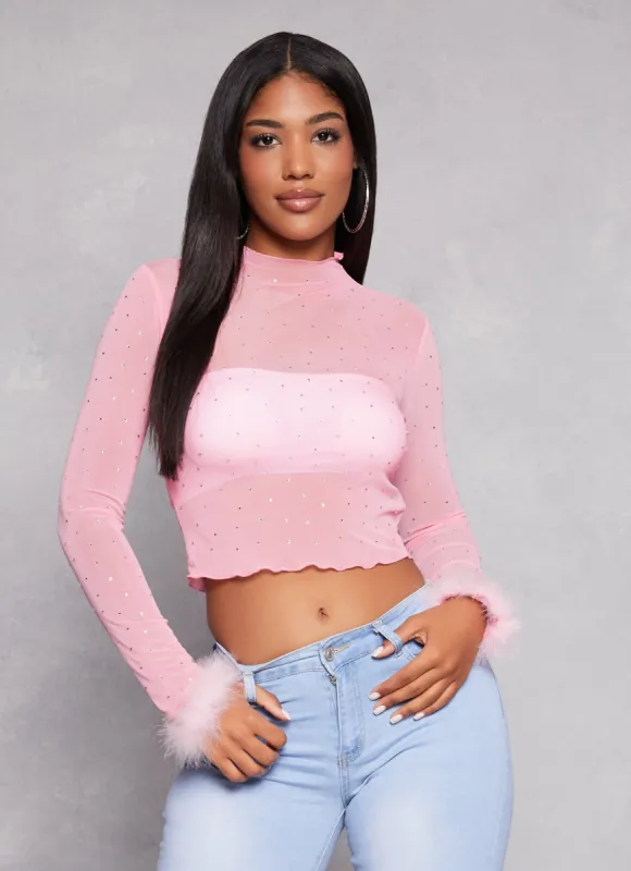 Feather Long Sleeve Rhinestone Mesh Crop Top sold by Rainbow