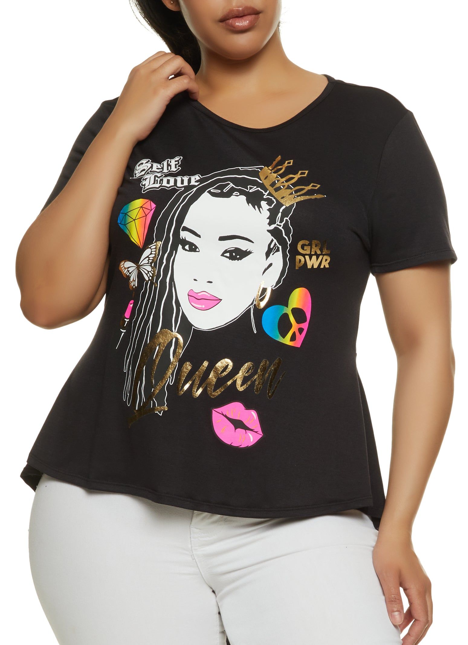 Plus Size Queen Graphic Foil Screen High Low Tee sold by Rainbow