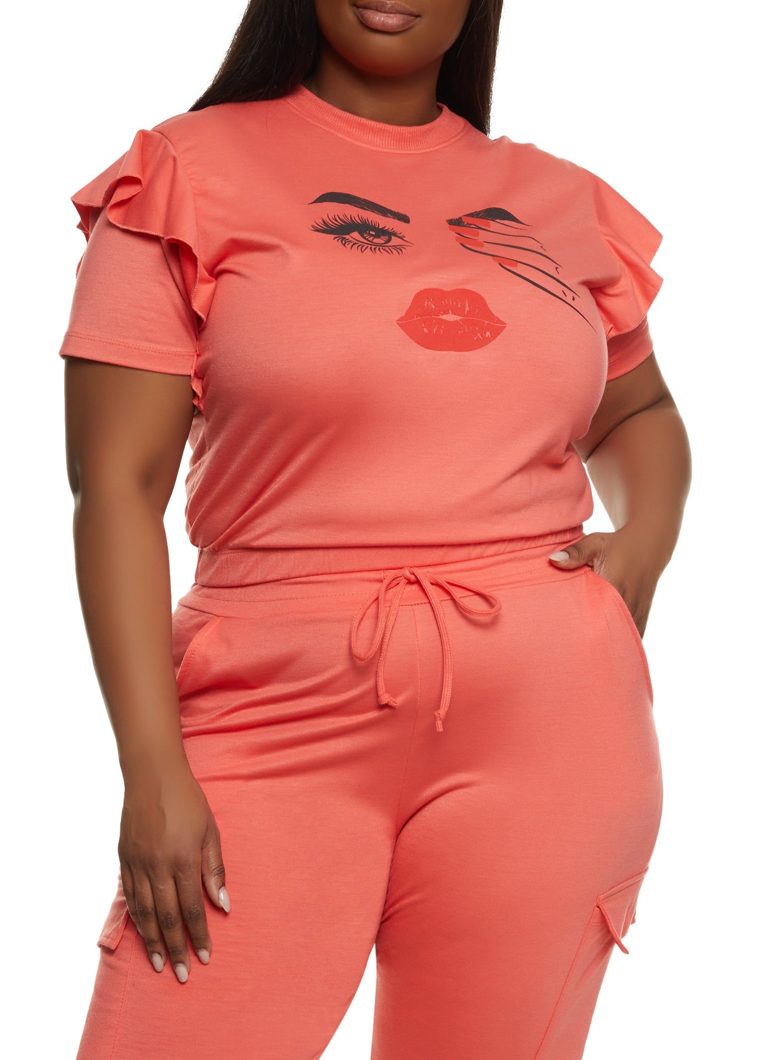 Plus Size Ruffle Sleeve Cropped Graphic Tee sold by Rainbow