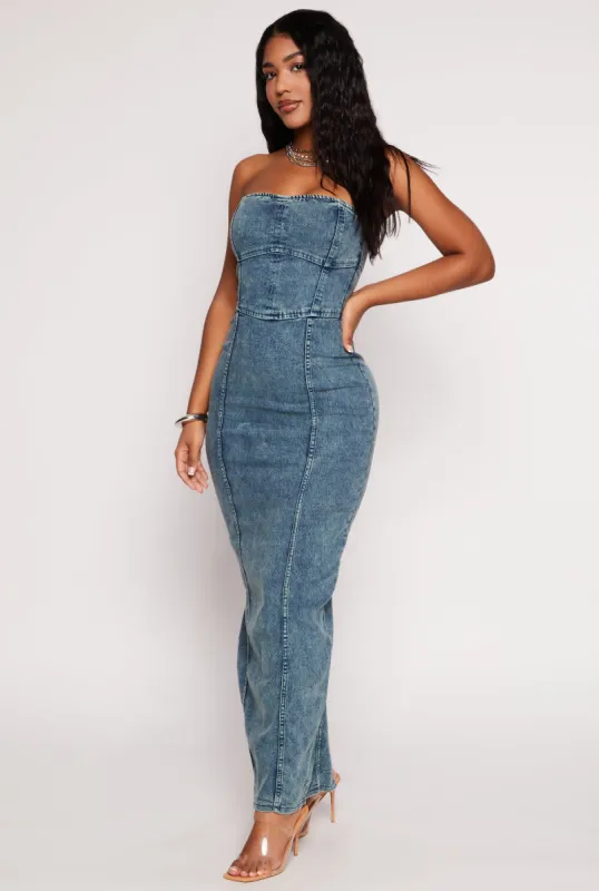 Acid Wash Denim Maxi Tube Dress sold by Rainbow