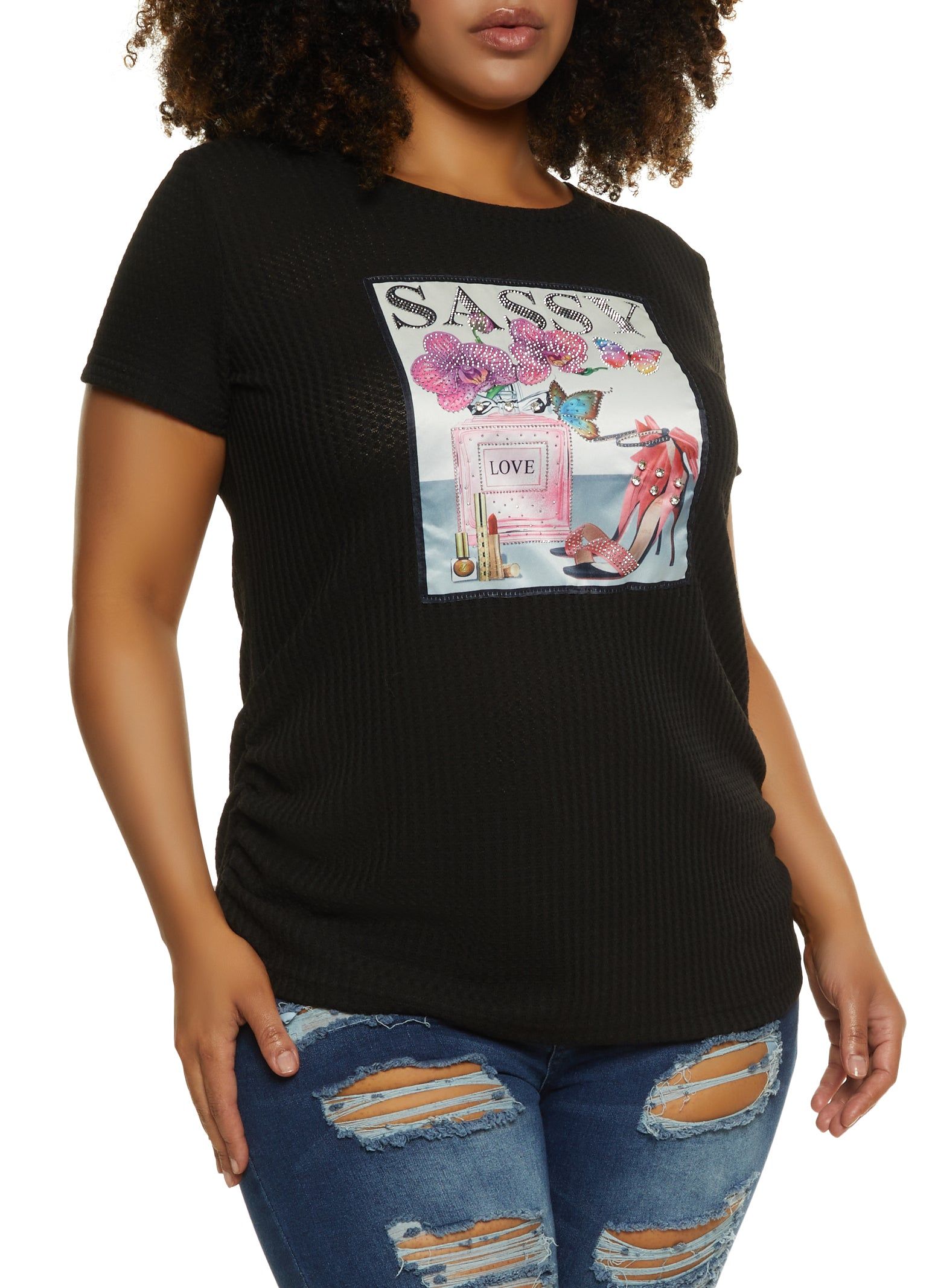 Plus Size Rhinestone Sassy Patch Graphic Tee sold by Rainbow