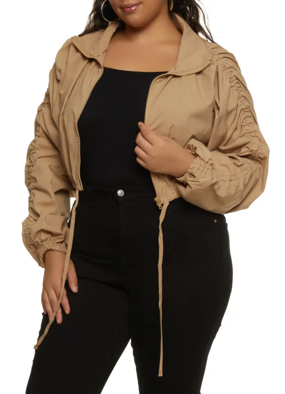 Plus Size Zip Front Ruched Sleeve Cropped Jacket sold by Rainbow
