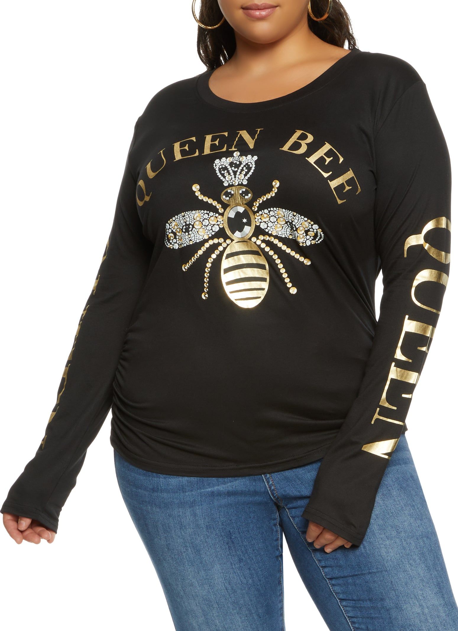 Plus Size Queen Bee Foil Screen Graphic Long Sleeve Tee sold by Rainbow