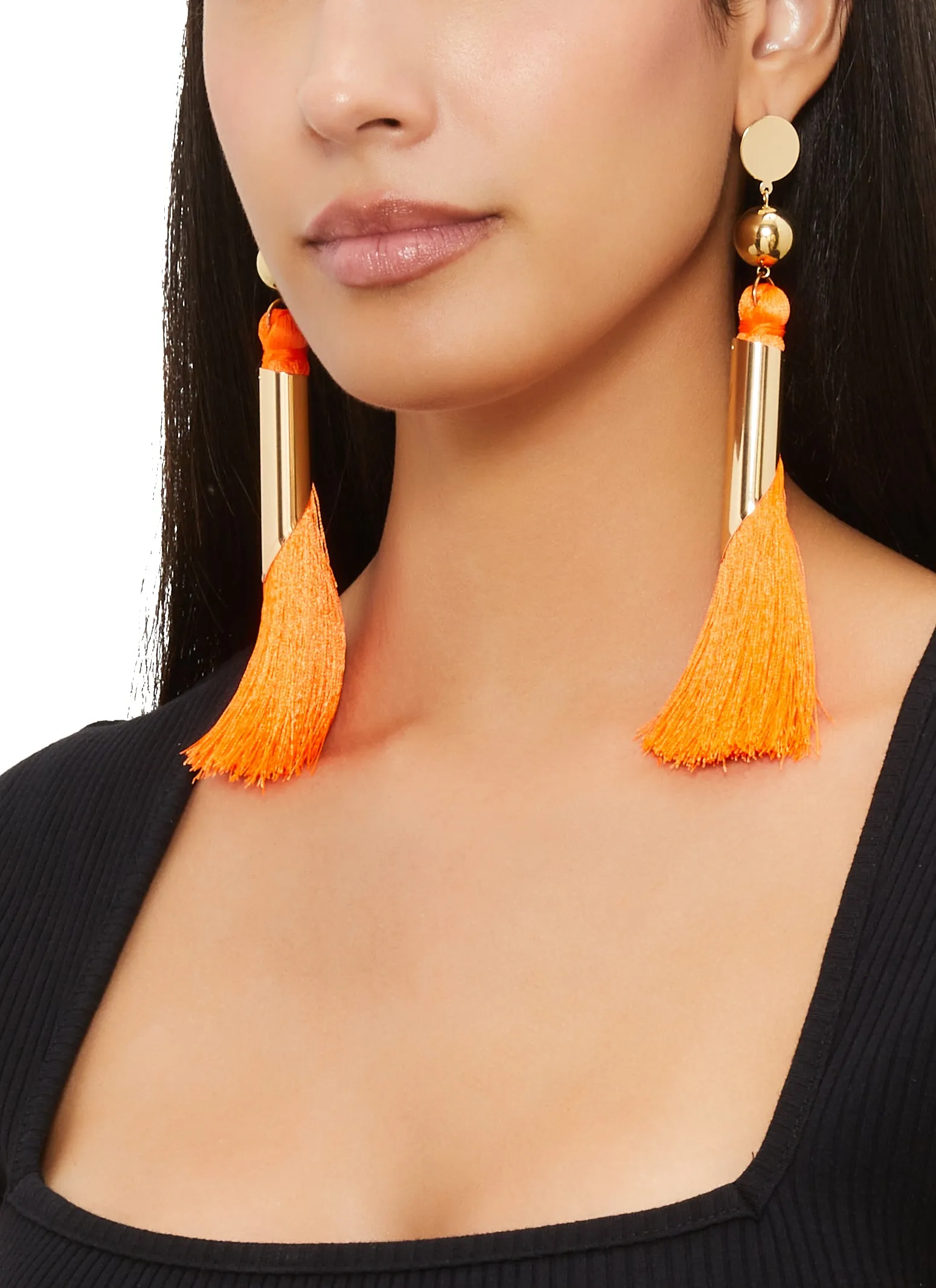 Metallic Tube Tassle Earrings sold by Rainbow