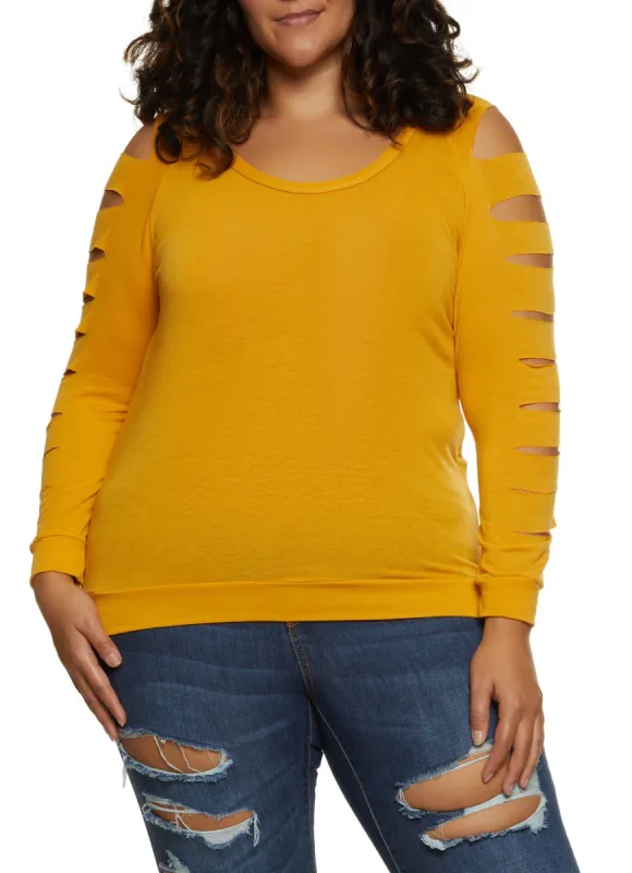 Plus Size Slashed Long Sleeve Scoop Neck Top sold by Rainbow