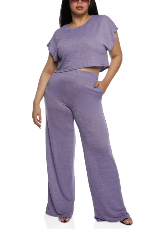 Plus Size Daisy Brushed Knit High Waist Wide Leg Pants sold by Rainbow