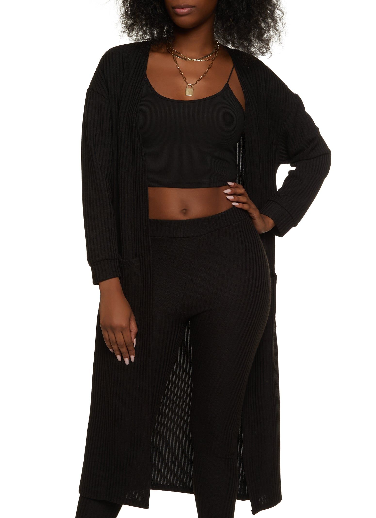 Ribbed Knit Open Front Long Cardigan sold by Rainbow