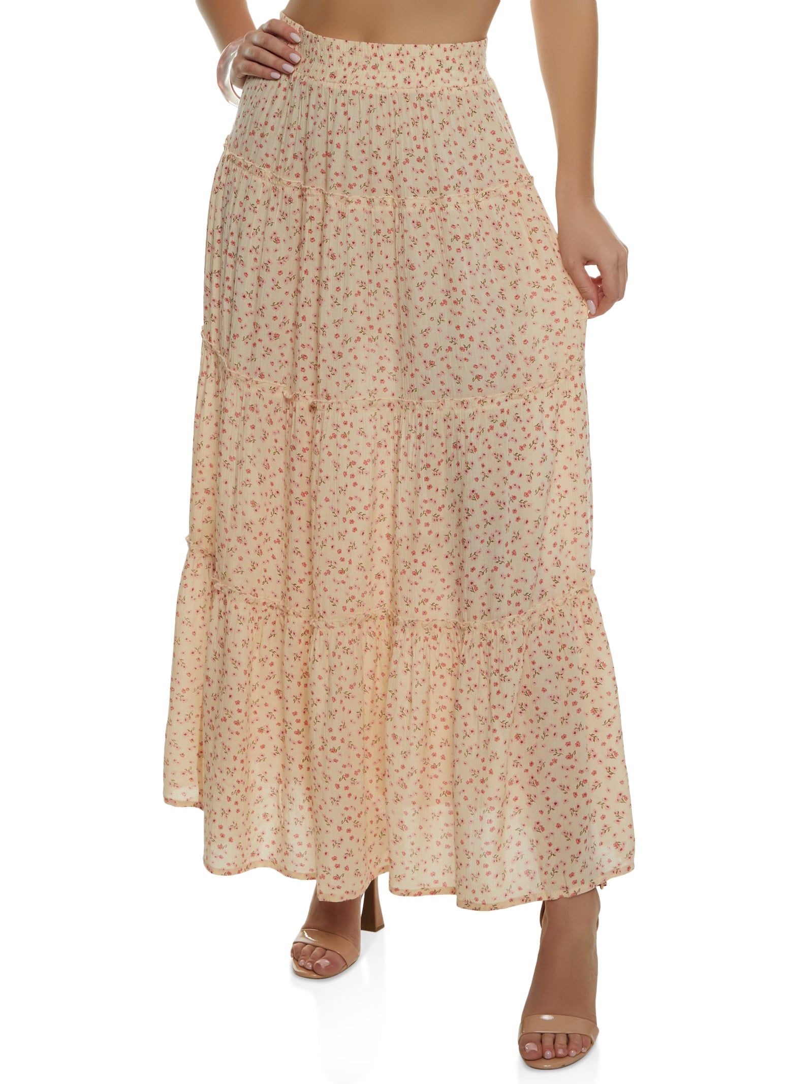 Floral Print Smocked Waist Tiered Maxi Skirt sold by Rainbow