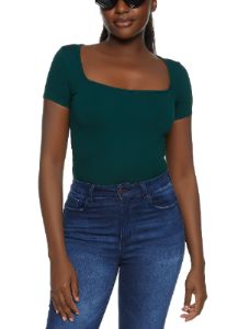 Solid Short Sleeve Square Neck Bodysuit sold by Rainbow