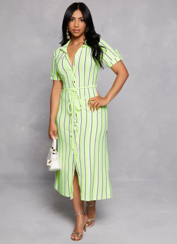 Striped Button Front Tie Waist Belted Shirt Dress sold by Rainbow