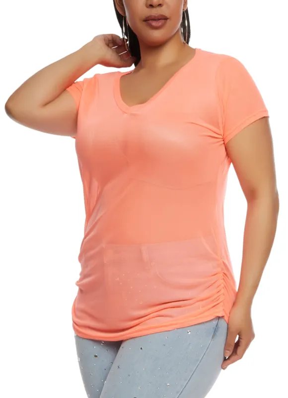 Plus Size Mesh Ruched V Neck Top sold by Rainbow