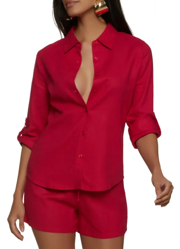 Linen Tabbed Sleeve Button Front Shirt sold by Rainbow