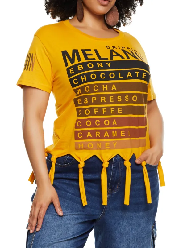 Plus Size Knotted Fringe Drippin In Melanin Graphic Tee sold by Rainbow