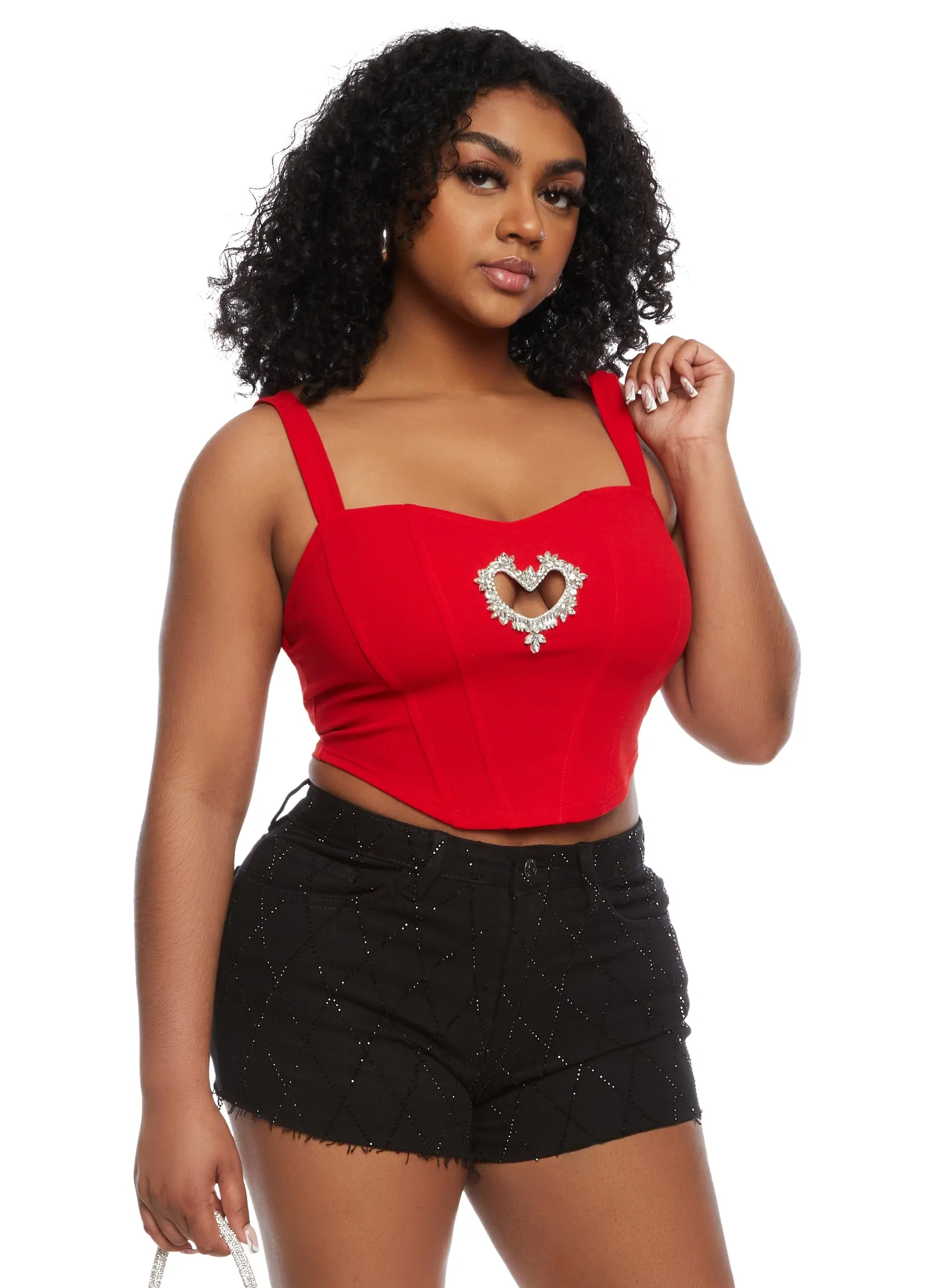 Rhinestone Heart Cut Out Corset Crop Top sold by Rainbow
