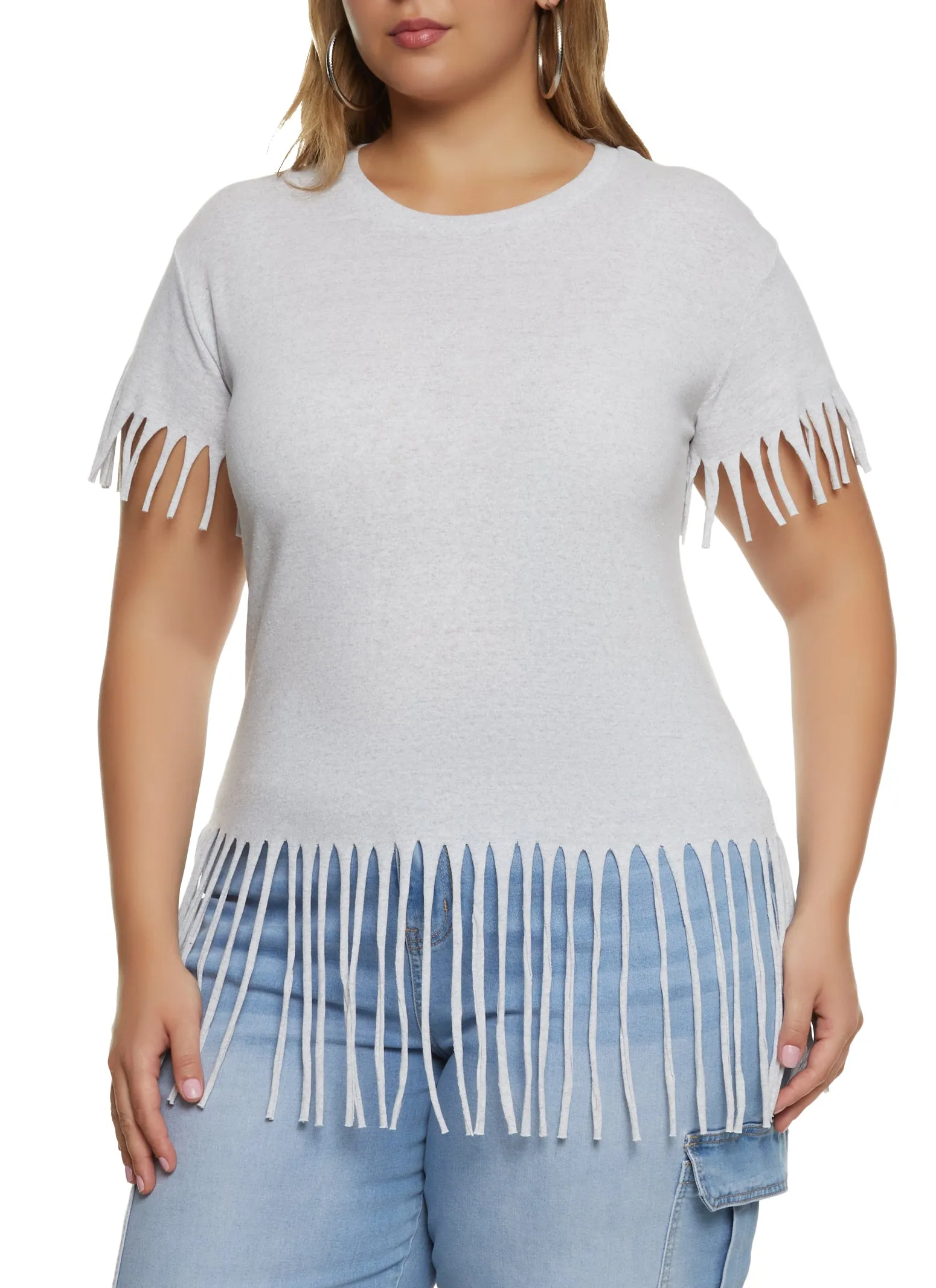 Plus Size Fringe Crew Neck T Shirt sold by Rainbow