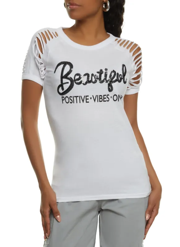 Beautiful Positive Vibes Only Sequin Slashed Tee sold by Rainbow