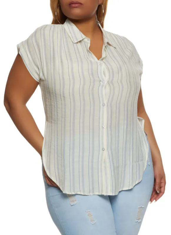Plus Size Gauze Knit Striped Button Front Shirt sold by Rainbow