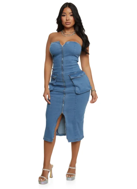 Daisy Denim Zip Front Cargo Pocket Midi Dress sold by Rainbow