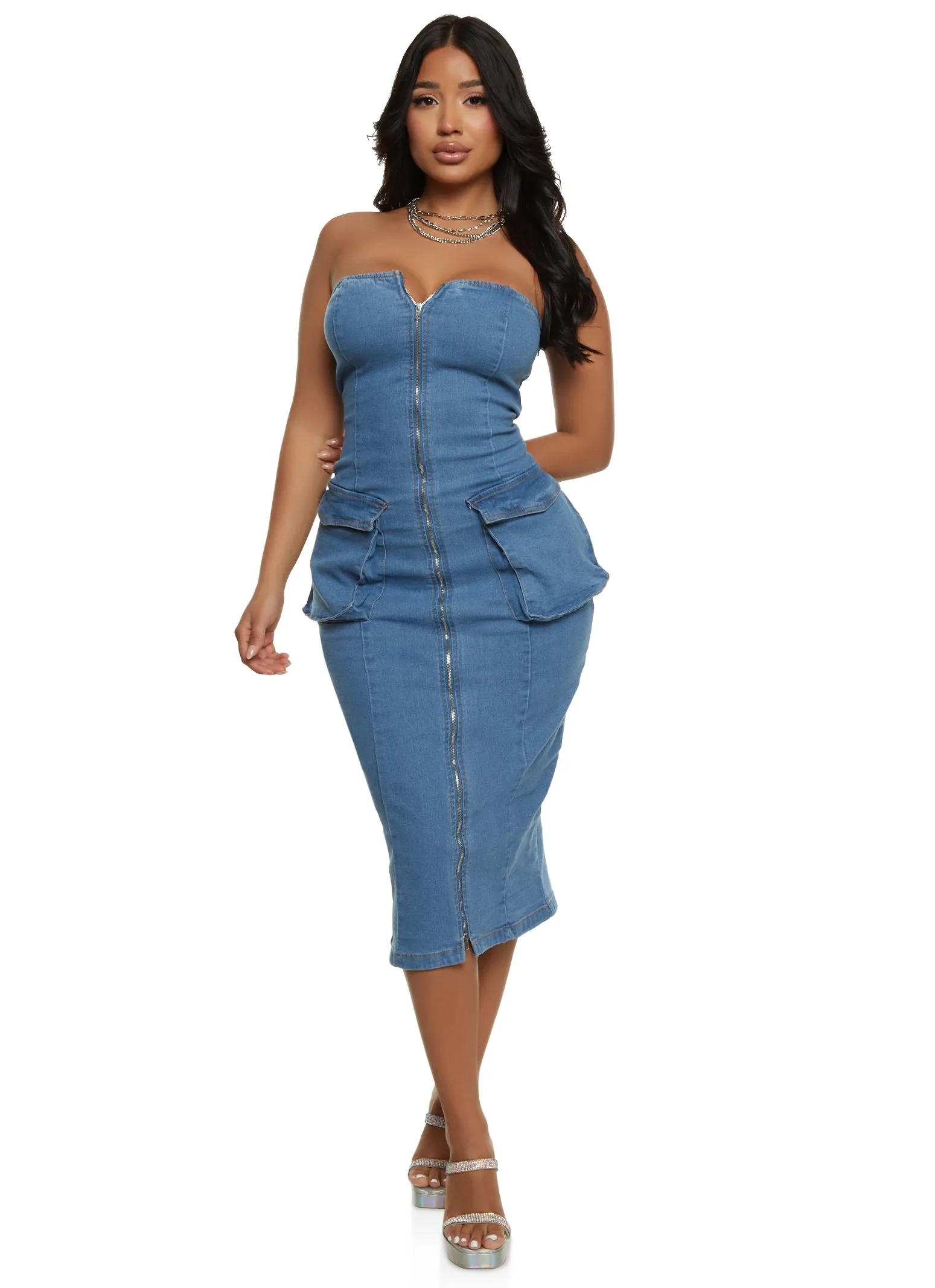 Daisy Denim Zip Front Cargo Pocket Midi Dress sold by Rainbow product image thumbnail 2