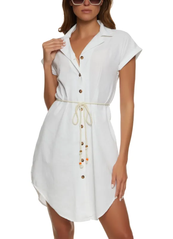 Linen Button Front Rope Belt Shirt Dress sold by Rainbow