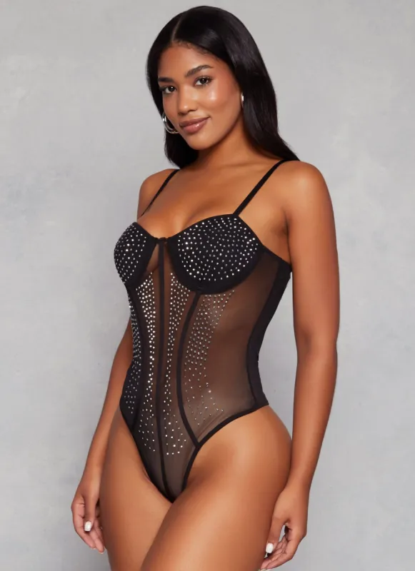 Rhinestone Mesh Detail Bustier Bodysuit sold by Rainbow