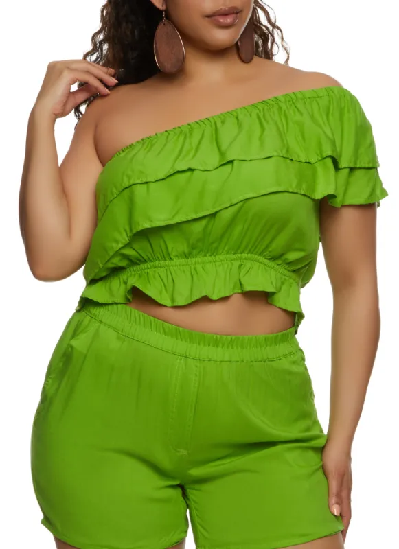 Plus Size Tiered Ruffled One Shoulder Crop Top sold by Rainbow