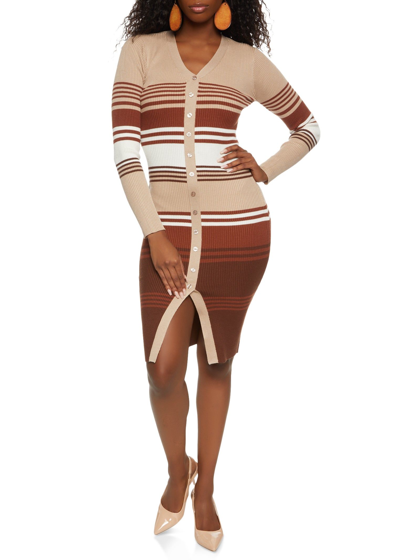 Striped Faux Button Front Midi Sweater Dress sold by Rainbow product image thumbnail 2